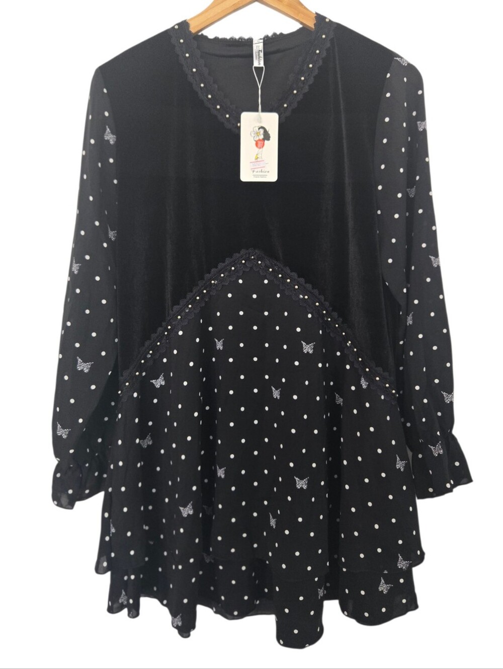 🖤 NWT Black Velvet Butterfly Polka Dot Tunic Top 2X - Picture 2 of 6
